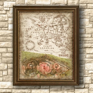 Póster de arte de pared con mapa de Hobbit Hole of The Shire, El Señor de los Anillos, póster de arte de Hobbiton, regalo, descarga instantánea