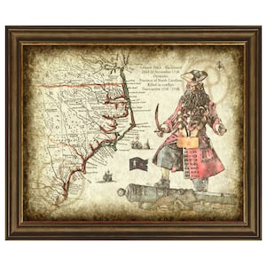 Póster de Barbanegra (descarga de mapa), decoración pirata, mapa de Carolina del Norte, arte mural pirata, póster, descarga digital