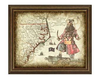 Póster de Barbanegra (descarga de mapa), decoración pirata, mapa de Carolina del Norte, arte mural pirata, póster, descarga digital