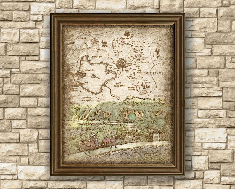 May include: A vintage-style map of the Shire from The Hobbit, featuring Hobbiton, The Tooks, and The Old Forest. The map is printed on parchment-like paper and framed in a brown wood frame.