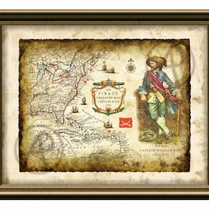 Capitaine Kidd pirate des Caraïbes art déco, carte ancienne, carte au trésor des pirates, carte antique Caraïbes 1701, art mural, décoration, téléchargement immédiat