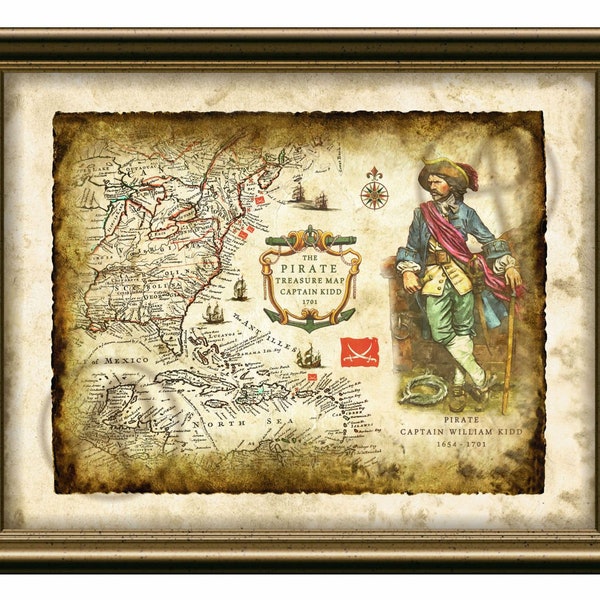 Pirate Captain Kidd of Caribbean Map Art Decor, Old Map, Pirates Treasure Map, Antique Map Caribbean 1701, Wall Art, Decor, Instant Download