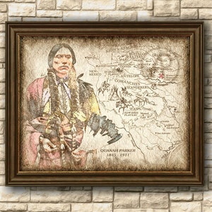 Comanche Quanah Parker Arte rústica de mapa, nativos americanos Quanah Parker Comanche Art, arte de parede, decoração de casa, pôster, download instantâneo