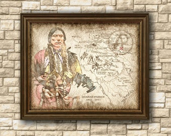 Comanche - Quanah Parker of Map Rustic Artwork, Native Americans Quanah Parker Comanche Art Decor, Wall Art, Decor, Poster, Instant Download
