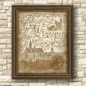Póster de arte de paisaje de castillo de fantasía de Alemania, mapa antiguo de Alemania, obra de arte de paisaje de castillo, arte de castillo, arte de pared, póster, descarga instantánea