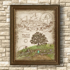 Bilbo Beutlin Hobbit Home Diagramm Kunst Poster, Herr des Rings Hobbit Home Landschaft Kunstwerk, Wandkunst, Poster, digitaler Download