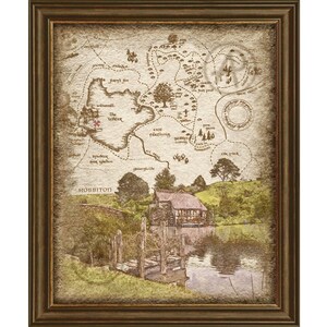 Ilustración de mapa de paisaje rústico de molino de agua de Hobbiton, póster de paisaje de molino de agua de El Señor de los Anillos, descarga digital, arte de pared, póster