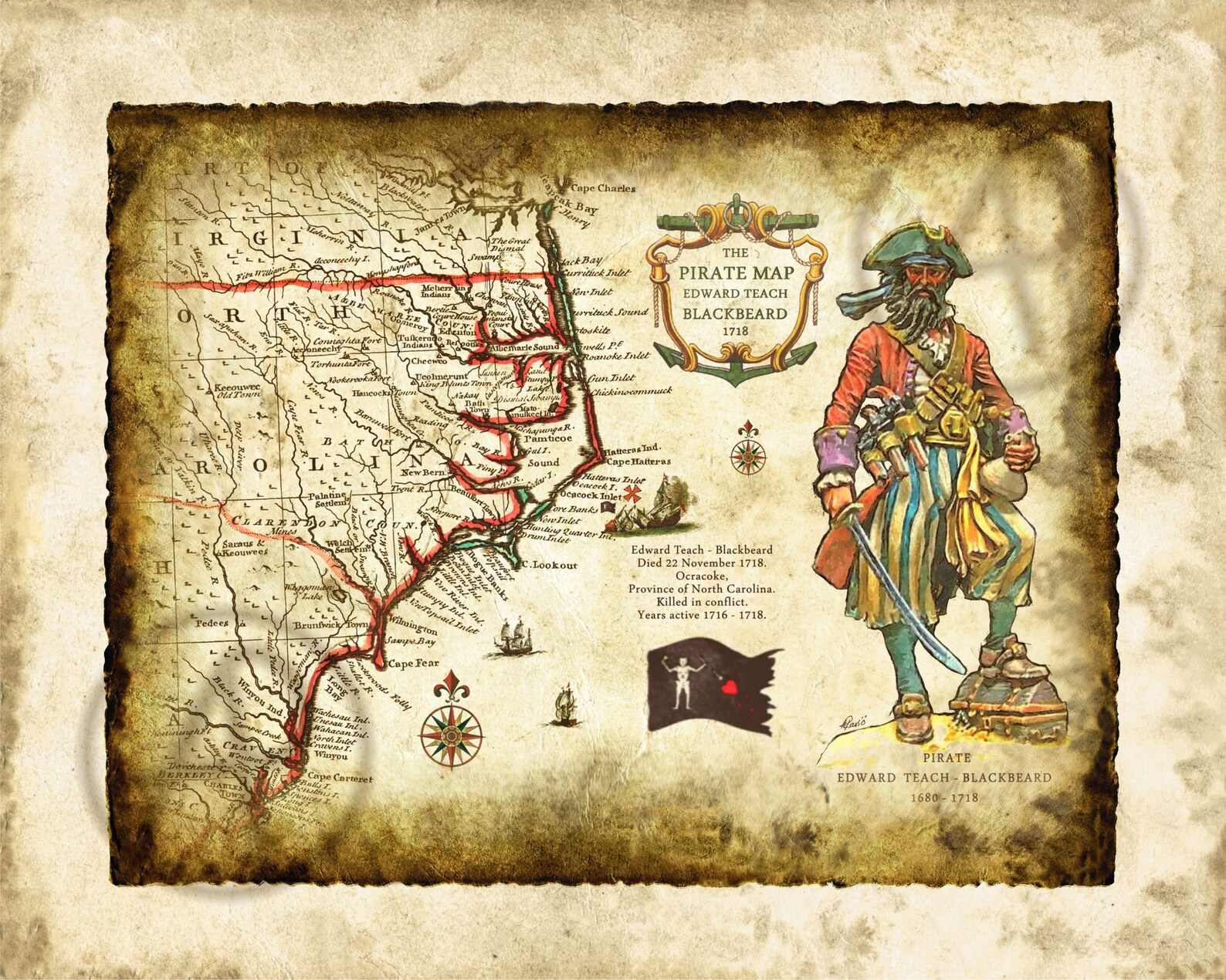 Pirate Blackbeard Map of North Carolina 1718 Art DecorOld Map Etsy