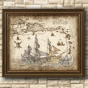 Decoración artística de barco pirata Perla Negra navegando por el Caribe (mapa), Piratas del Caribe, Arte de barco pirata, Arte mural, Decoración, Descarga instantánea
