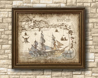 海賊の古い宝の地図アート カリブ海、アンティーク地図 カリブ海