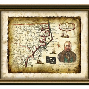Pirate Stede Bonnet Portrait Kunstwerk von North Carolina Karte 1718, Alte Karte USA, antike Karte USA, Kunst, Poster, Sofort Download