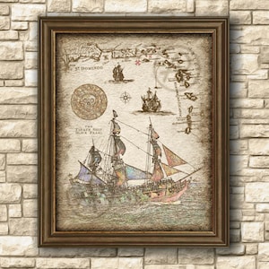Pièce de monnaie aztèque - pirate des Caraïbes, affiche d'art de bateau de Black Pearl, art de bateau de pirates, carte au trésor de pirate des Caraïbes, affiche, téléchargement numérique