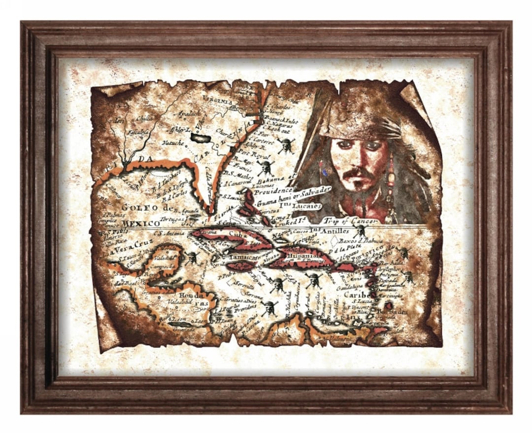 Pirate Jack Sparrow Grunge Art Map of Caribbean, Pirate Old Map ...