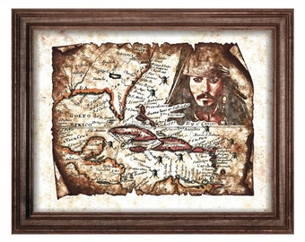 Pirate Jack Sparrow Grunge Art Map of Caribbean, Pirate Old Map, Antique Map, Pirate of the Caribbean, Wall Art, Decor, Instant Download