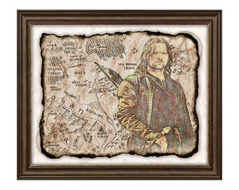 Portrait Aragorn Ranger Artwork of Parchment Map, Lord of the Ring - Aragorn Download Art Decor of Map, Wall Art, Decor, Instant Download