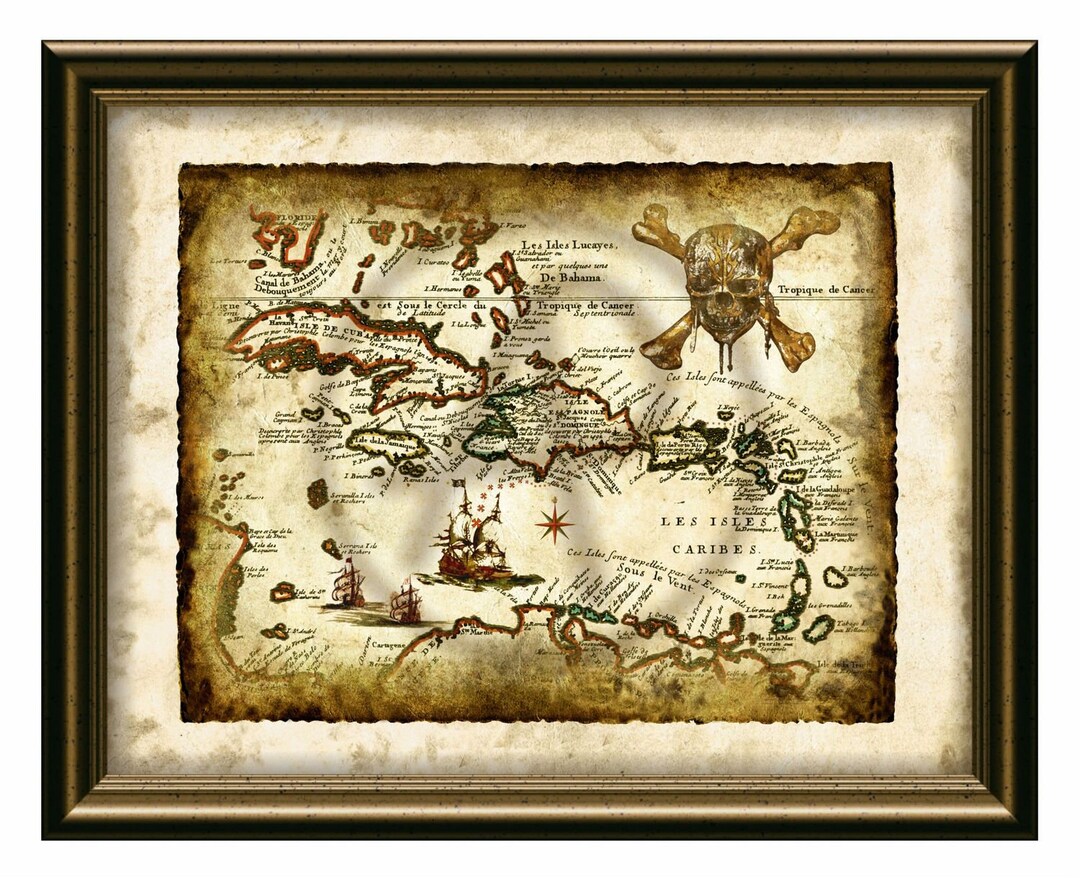 Pirates Skull and the Caribbean Treasure Art Map, Old Map Caribbean ...