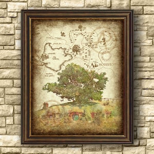 Beutelende Baum Wand Kunst Poster von Hobbiton Karte, Herr des Ringes Beutelende Hobbit Haus Baum Landschaft Kunstwerk, Geschenk, Poster, Sofort Download