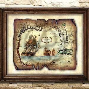 Art de carte de pirates parchemin, golfe du Mexique, art déco bateau pirate, art voilier, art pirates, carte ancienne, art mural, décoration, téléchargement immédiat