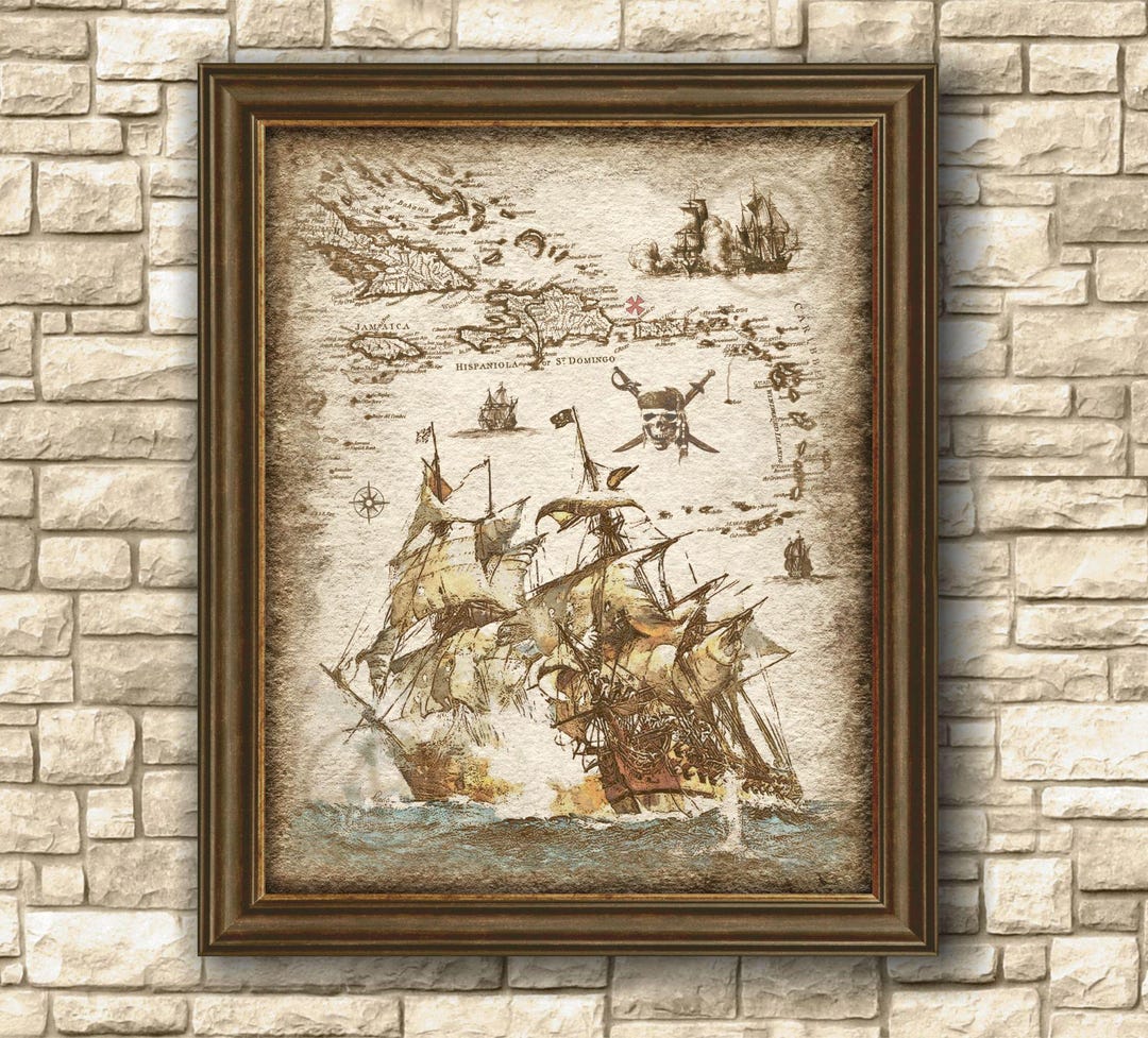 Pirates Ships Art Poster Battle of Caribbean, Pirate of the Caribbean ...
