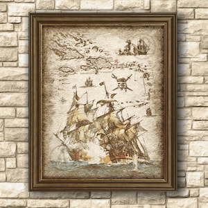 Cartaz de arte de navios piratas Batalha do Caribe, Mapa do Pirata do Caribe, Arte de paisagem de navio pirata, Arte de parede, Download digital