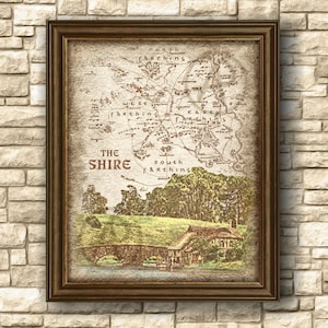 Mapa artístico de la Comarca con el paisaje del molino de Hobbiton, regalo artístico del molino de Hobbiton de El Señor de los Anillos, póster, regalo, arte mural, descarga digital
