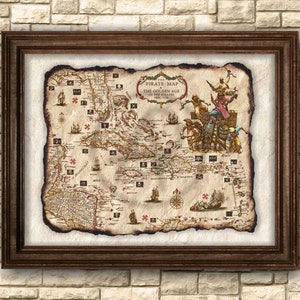 Âge d'or des pirates - Art déco carte des Caraïbes, parchemin Pirates carte antique 1650-1726 Art, art mural pirates, décoration pirate, téléchargement numérique