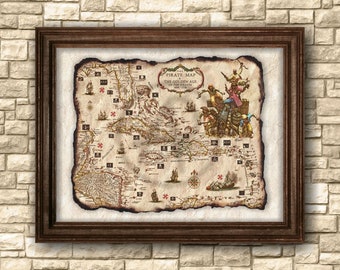 Decoración de mapas del Caribe de la Edad de Oro de los Piratas, mapa antiguo de los Piratas en pergamino de 1650 a 1726, arte mural de los Piratas, decoración de los Piratas, descarga digital