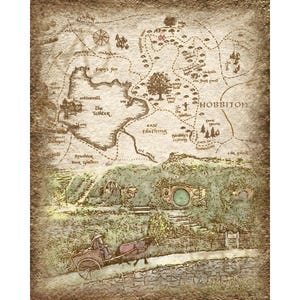 May include: A hand-drawn map of Hobbiton, a fictional village from the Lord of the Rings books, with a green circle in the center and a small cart with a person in it on a path below the map.