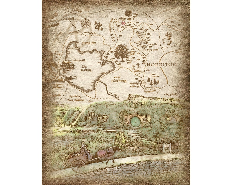 May include: A hand-drawn map of Hobbiton, a fictional village from the Lord of the Rings books, with a green circle in the center and a small cart with a person in it on a path below the map.