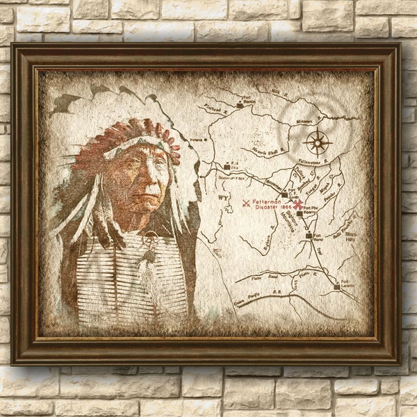 Portrait Artwork Native Americans Red Cloud of Indian Map, Native Americans Sioux Red Cloud Art Decor, Wall Art, Decor, Instant Download