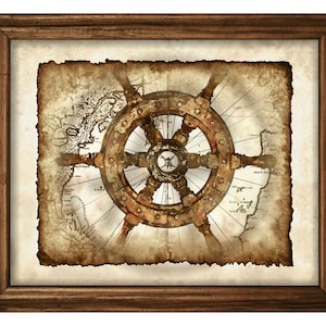 Rustikales Schiff Rad, Landkarte, Kunst Dekor, Piraten Karte Atlantik, alte Karten, antike Karten, Kunst, Sofort Download