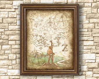 Legend of Zelda Art Work Hyrule Map, Rustic Zelda of Hyrule Map Art, Breath of the Wild, Zelda Poster, Zelda Wall Art, Instant Download
