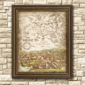 Ilustración de paisaje de aldea hobbit de fantasía del mapa de la Comarca, póster de arte de aldea hobbit de El Señor de los Anillos, arte de pared, regalo, descarga digital