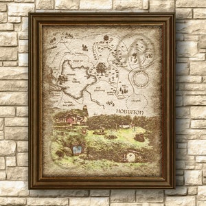 Obra de arte de paisaje de fantasía de Hobbiton del mapa, Obra de arte de paisaje de El Señor de los Anillos y Mapa de Hobbiton, Arte de pared, Decoración, Póster, Descarga instantánea