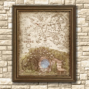 Poster della mappa della contea con paesaggio della casa degli Hobbit, poster della mappa della contea con paesaggio della casa degli Hobbit del Signore degli Anelli, arte murale, poster, download immediato