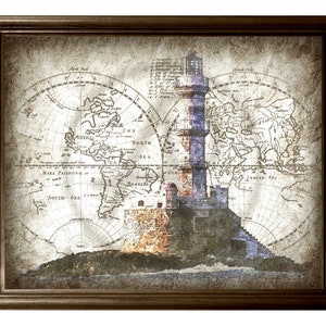 Rustikaler Leuchtturm Art Decor der Weltkarte, Leuchtturm der Weltkarte, Kunst Geschenk, antike Weltkarte, Wandkunst, Dekoration, Geschenk