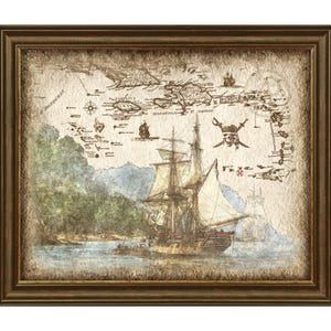 Oeuvre d'art paysage bateau pirates des Caraïbes, affiche d'art carte pirates, carte bateau pirates des Caraïbes, art mural, affiche, téléchargement numérique