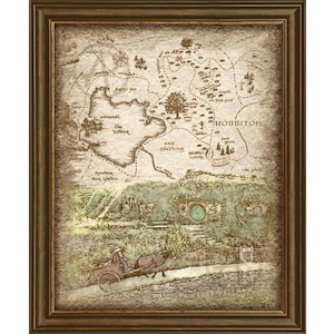 Póster de Gandalf en Hobbiton (Mapa), El Señor de los Anillos - Ilustración de paisaje de Hobbiton, Arte mural, Póster, Descarga digital