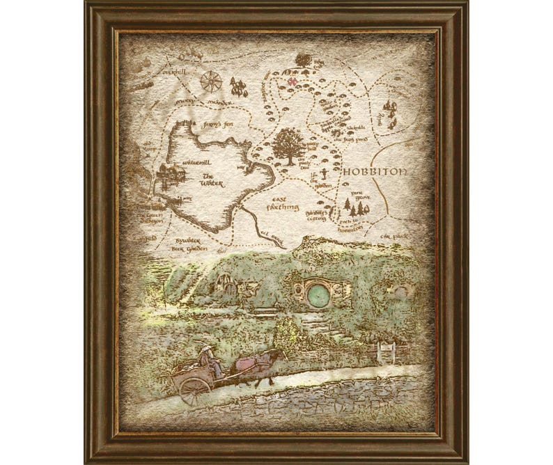 May include: A vintage-style map of Hobbiton, a fictional village from the Lord of the Rings books and movies. The map is framed in a brown wood frame and features a detailed illustration of the village, including the Shire, the River, and the Green Dragon Inn. The map is printed on a textured paper with a faded, antique look.