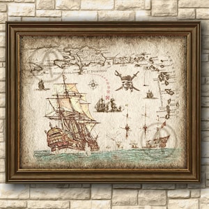 Piratas Barco Arte Decoración del Mapa del Caribe, Pirata del Caribe Barco Decoración Arte, Decoración de la pared, Cartel, Arte de la pared, Descarga instantánea