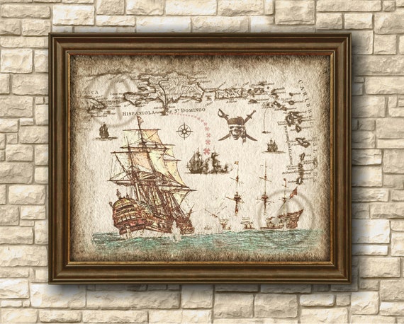 Pirate Ship Art Decor of the Caribbean Map, Pirate of the