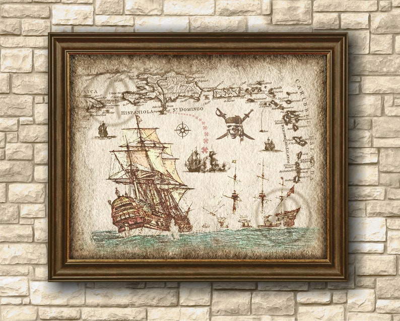 May include: A vintage-style illustration of a ship sailing on the ocean, with a map of the Caribbean islands in the background. The map includes the islands of Hispaniola, St. Domingo, Cuba, and Puerto Rico. The ship is a three-masted sailing ship with a large, square sail. The ship is surrounded by smaller ships and boats.