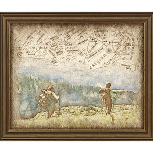 Póster de arte de mapa de Frodo y Sam viajando por la Comarca, Ilustración de paisaje de mapa del viaje de Frodo y Sam de El Señor de los Anillos, Descarga digital