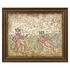 Impresión artística de un mapa con un paisaje de elefantes de guerra, impresión rústica de El Señor de los Anillos, arte mural, regalo, descarga digital