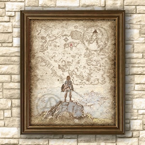 Mapa de arte de la leyenda de Zelda Hyrule, Zelda un vínculo con el pasado, Zelda Breath of the Wild, arte de pared de Zelda, póster de Zelda, decoración, descarga instantánea