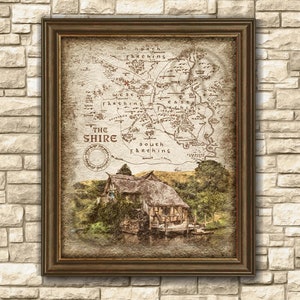 Póster de arte mural con paisaje del Molino de Hobbiton (Mapa de la Comarca), El Señor de los Anillos, Arte mural, Póster, Decoración, Descarga digital