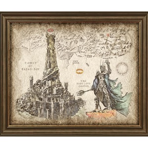 Torre de Barad Dur - Decoración artística con retrato de Sauron, Mapa de Mordor con retrato de Sauron de El Señor de los Anillos, Arte de pared, Póster, Descarga instantánea