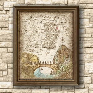 Cartel de arte del mapa del puente élfico del Hobbit, cartel de arte del paisaje del puente élfico del Señor del Anillo, arte de la pared, cartel, decoración, descarga instantánea