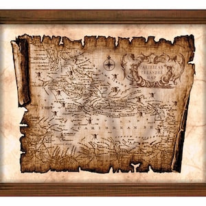 Mapa del tesoro pirata en pergamino, decoración artística del Caribe, mapa antiguo del Caribe, mapa antiguo, arte pirata imprimible, decoración, arte de pared, descarga digital