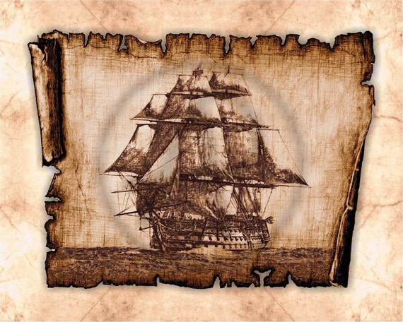 Antique Pirate Ship Parchment Art Decor, Parchment Pirate Sailing